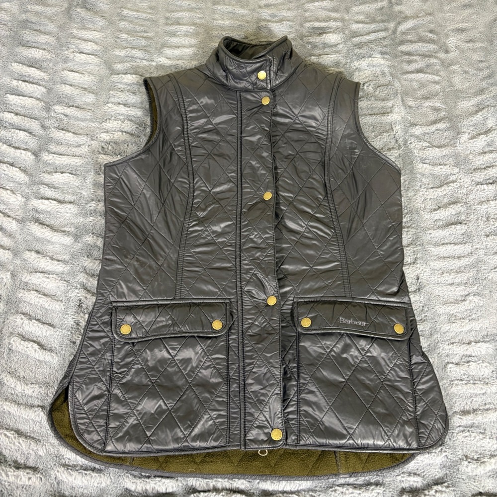 Barbour Women Quilted Fleece Lined Vest Gray US 8 UK 12 Diamond Quilt Broken Zip